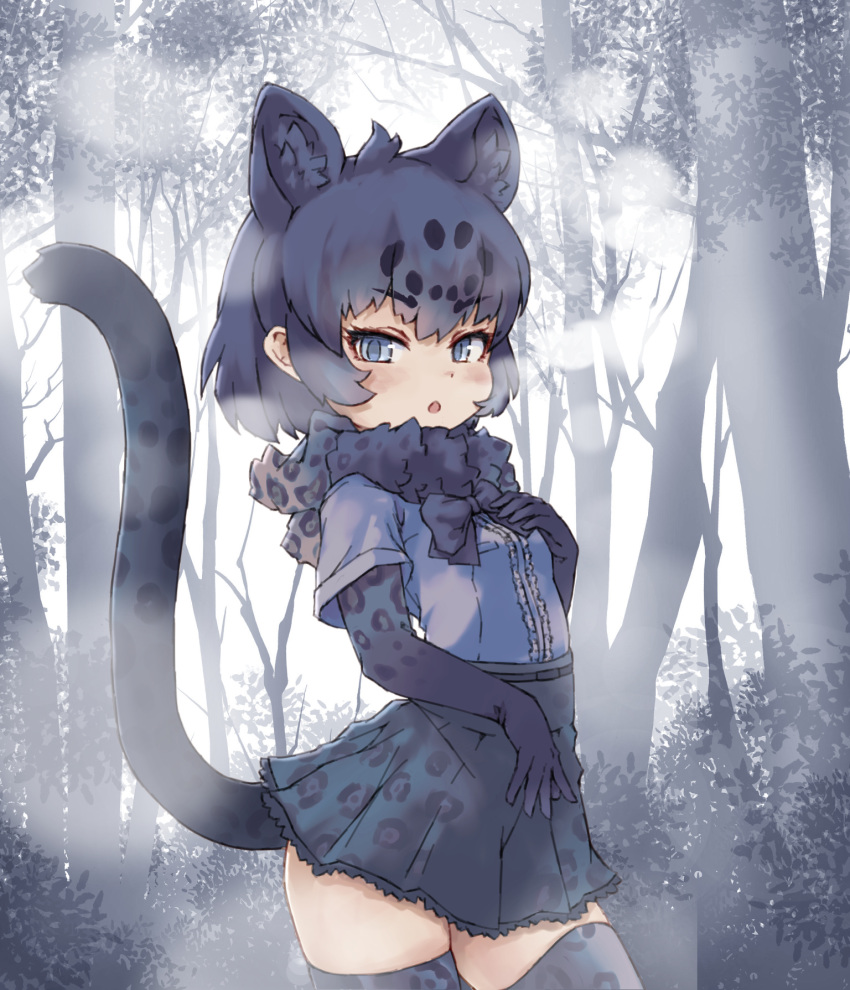 1girl animal_ears black_gloves black_hair black_jaguar_(kemono_friends) black_legwear black_neckwear black_skirt blue_eyes blue_shirt bow bowtie center_frills commentary_request cowboy_shot elbow_gloves extra_ears eyebrows_visible_through_hair forest frilled_skirt frills fur_collar gloves hand_on_own_chest highres jaguar_ears jaguar_girl jaguar_print jaguar_tail kemono_friends kolshica looking_at_viewer nature pleated_skirt print_gloves print_legwear print_skirt shirt short_hair short_sleeves skirt solo tail thigh-highs zettai_ryouiki