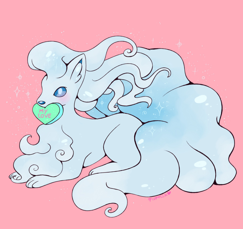 alolan_form alolan_ninetales blue_eyes blush commentary creature english_commentary english_text flufflixx full_body gen_7_pokemon heart highres mouth_hold no_humans pokemon pokemon_(creature) signature solo sparkle