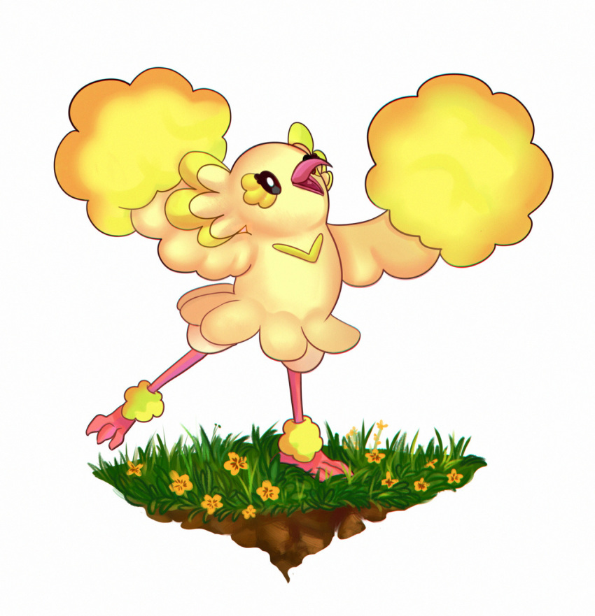 bird bird_focus black_eyes dancing flower gen_7_pokemon grass happy highres no_humans okunie oricorio oricorio_(pom-pom) pokemon pokemon_(creature) simple_background solo white_background yellow_theme