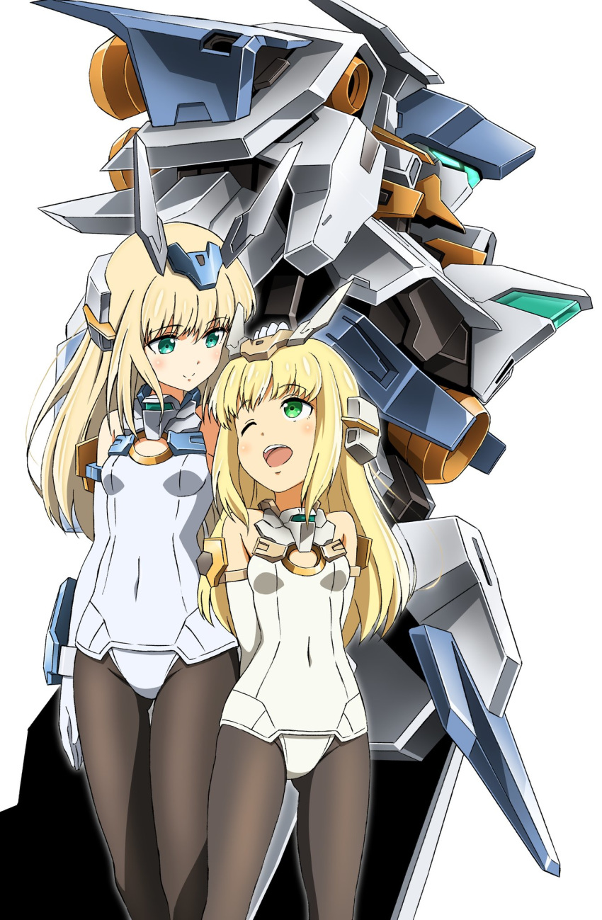 2girls ;d bare_shoulders baselard baselard_(frame_arms) black_legwear blonde_hair breasts commentary_request covered_navel dual_persona elbow_gloves frame_arms frame_arms_girl gloves glowing glowing_eyes green_eyes headgear height_difference highres kumichou_(ef65-1118-ef81-95) leotard long_hair looking_at_another mecha multiple_girls one_eye_closed open_mouth pantyhose small_breasts smile white_background white_gloves white_leotard
