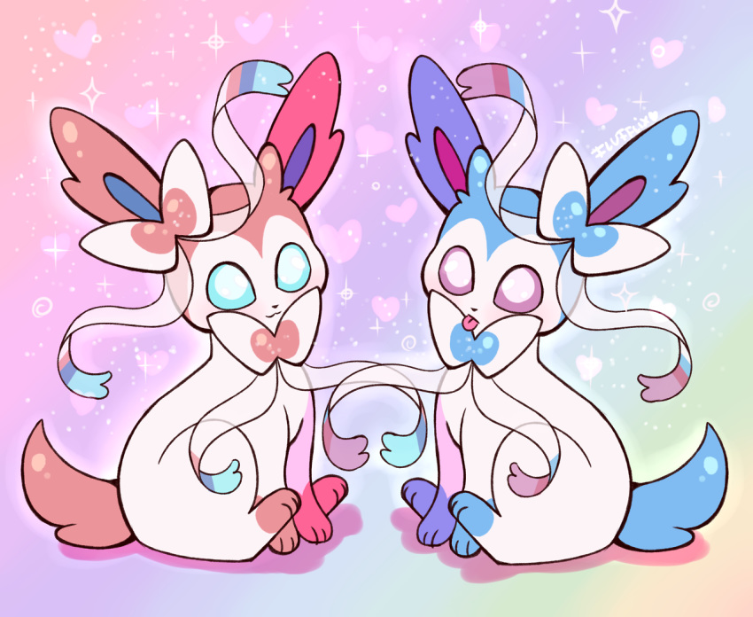 :3 alternate_color blue_eyes creature flufflixx full_body gen_6_pokemon no_humans pink_eyes pokemon pokemon_(creature) rainbow_background ribbon shadow shiny_pokemon signature sitting sylveon symbol_commentary tongue tongue_out