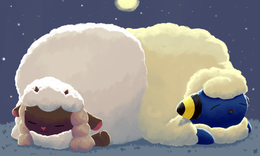 aquabluu closed_eyes commentary creature full_body full_moon gen_2_pokemon gen_8_pokemon grass highres lying mareep moon night night_sky no_humans on_stomach outdoors pokemon pokemon_(creature) sheep sky sleeping star_(sky) starry_sky trait_connection wooloo