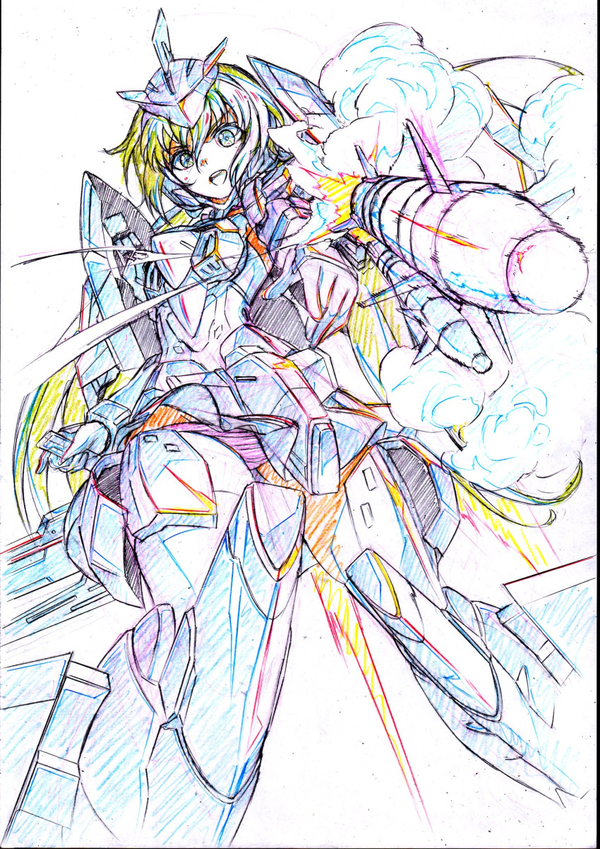 1girl breasts color_trace colored_pencil_(medium) elbow_gloves frame_arms_girl gloves gun headgear highres kumichou_(ef65-1118-ef81-95) long_hair looking_at_viewer low_twintails mecha_musume missile motion_blur open_mouth panties sideboob sketch skindentation smoke solo speed_lines striped striped_panties stylet thigh-highs traditional_media twintails underwear weapon white_background