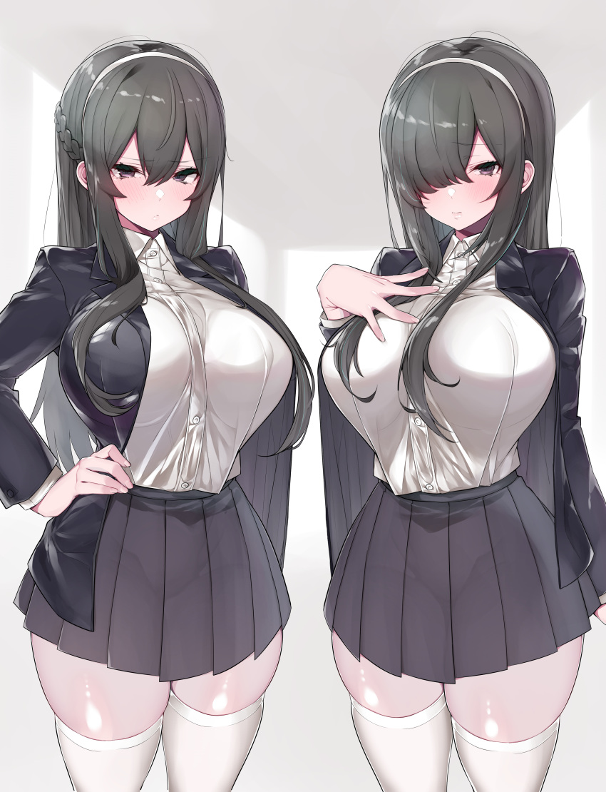 2girls absurdres bangs black_jacket blush braid breasts collared_shirt dress_shirt eyebrows_visible_through_hair french_braid grey_eyes grey_hair grey_skirt hair_between_eyes hair_over_one_eye hairband hand_on_hip hand_on_own_chest highres huge_breasts jacket long_hair long_sleeves looking_at_viewer mitsudoue multiple_girls open_clothes open_jacket original pleated_skirt school_uniform shirt skirt thigh-highs thighs white_hairband white_legwear
