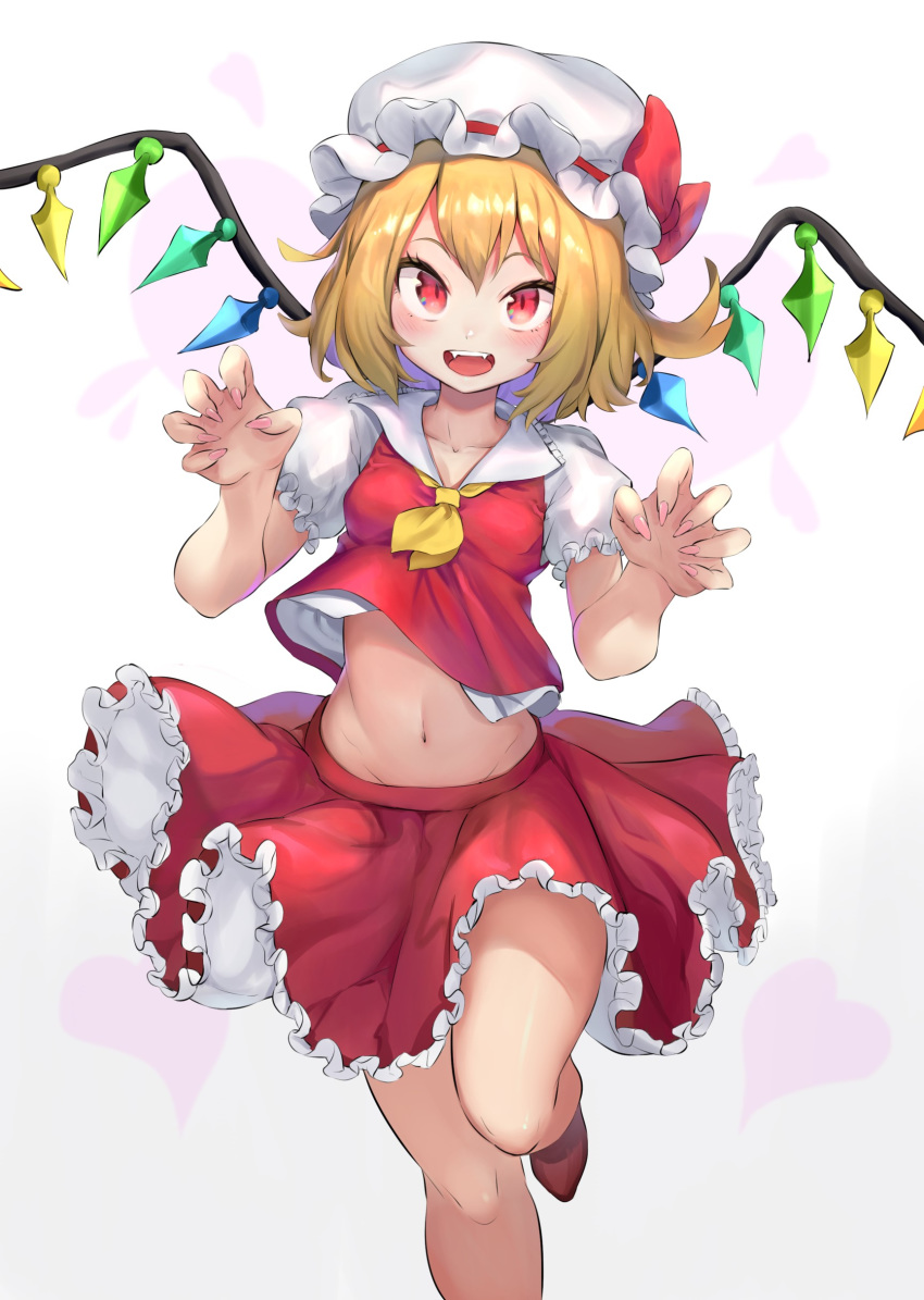 1girl absurdres ascot blonde_hair bow breasts claw_pose fangs fingernails flandre_scarlet gradient gradient_background grey_background hat hat_bow heart highres isemori leg_lift long_fingernails looking_at_viewer medium_hair midriff miniskirt mob_cap nail_polish navel open_mouth pink_nails puffy_short_sleeves puffy_sleeves red_bow red_eyes red_skirt red_vest shirt short_sleeves skirt skirt_set small_breasts solo touhou vest white_background white_headwear white_shirt wings yellow_neckwear