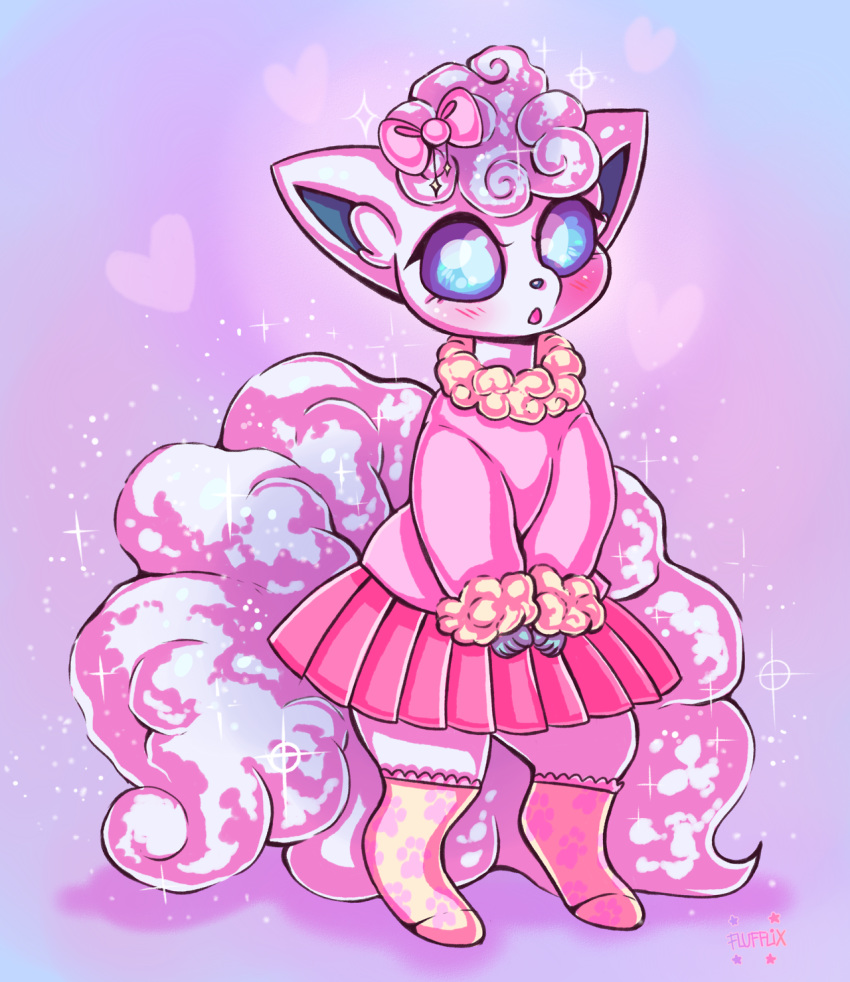:o alolan_form alolan_vulpix blue_eyes blush clothed_pokemon commentary creature english_commentary flufflixx full_body gen_7_pokemon hair_ribbon heart highres long_sleeves looking_at_viewer miniskirt no_humans no_shoes pink_ribbon pink_skirt pink_theme pleated_skirt pokemon pokemon_(creature) purple_background ribbon shadow signature simple_background skirt solo standing star sweater thigh-highs