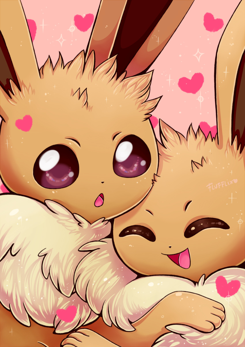 :o ^_^ closed_eyes commentary creature eevee english_commentary face flufflixx gen_1_pokemon heart highres hug no_humans pink_background pokemon pokemon_(creature) simple_background sparkle violet_eyes
