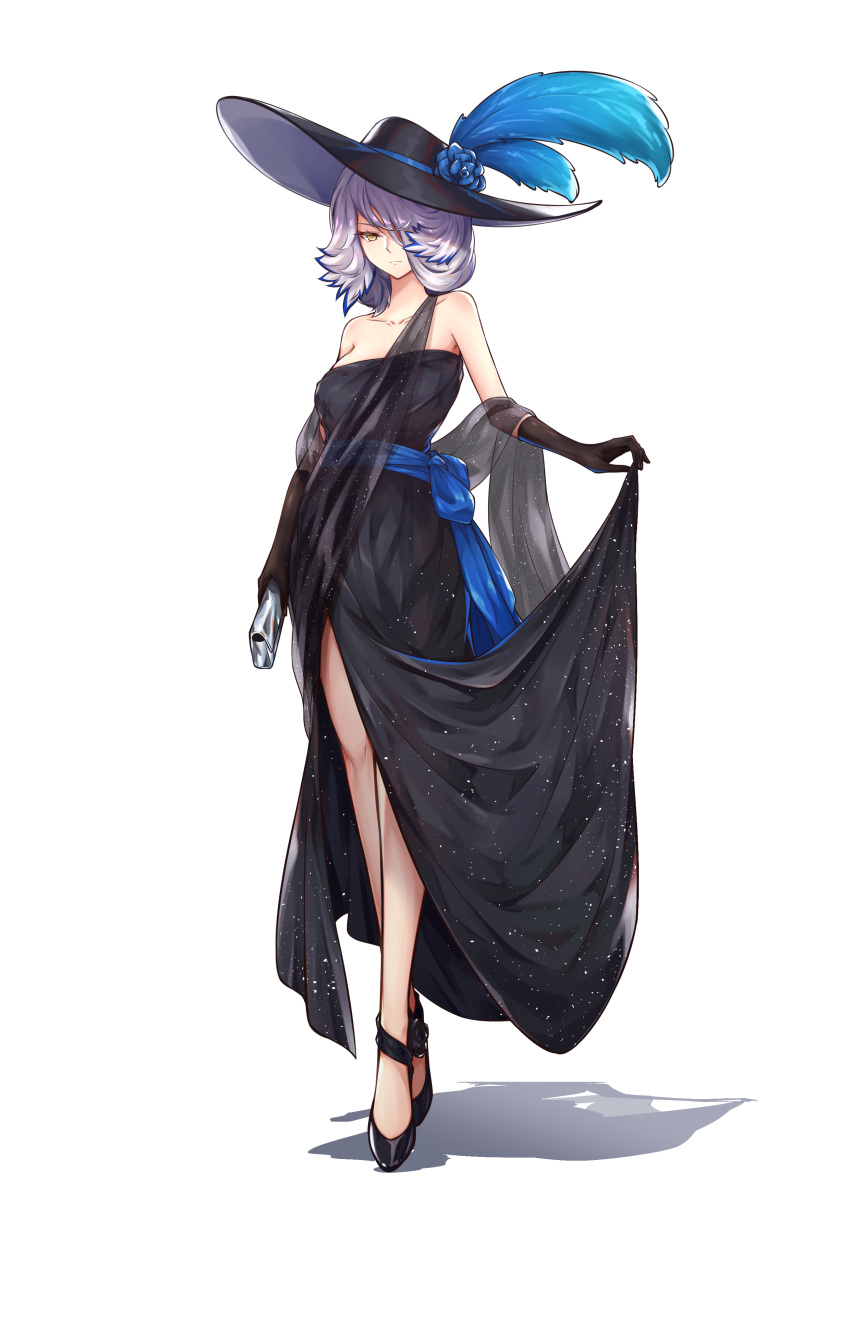 1girl absurdres alternate_costume arknights bare_shoulders black_dress black_footwear black_gloves black_headwear blue_flower blue_hair blue_rose blue_sash breasts collarbone crossed_legs dress flower full_body gloves hair_over_one_eye hat hat_feather hat_flower highres holding jiusan_naitan looking_at_viewer medium_breasts multicolored_hair orchid_(arknights) rose sash shadow shawl shoes short_hair side_slit silver_hair single_strap skirt_hold solo standing streaked_hair watson_cross yellow_eyes