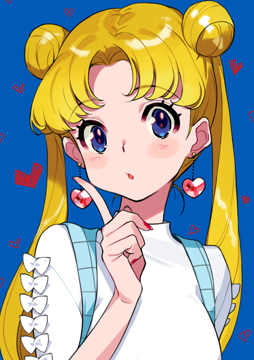 1girl absurdres bangs bishoujo_senshi_sailor_moon blonde_hair blue_background blue_eyes blush bow breasts commentary double_bun earrings eyebrows_visible_through_hair hand_up heart heart_background heart_earrings highres index_finger_raised jewelry looking_at_viewer medium_breasts nail_polish parted_bangs parted_lips red_nails shirt simple_background solo tsukino_usagi twintails white_bow white_shirt yuu_(higashi_no_penguin)