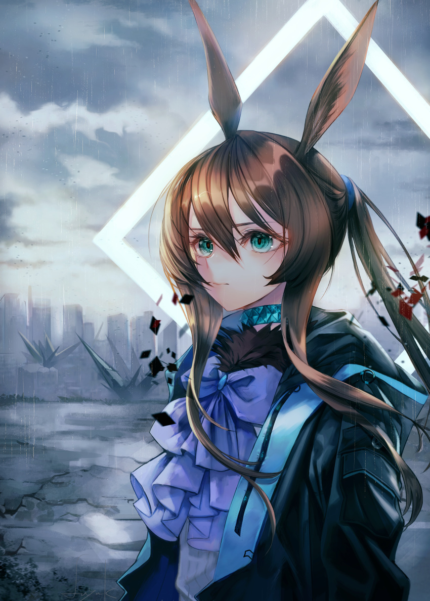 1girl absurdres amiya_(arknights) animal_ears aqua_eyes arknights bangs black_jacket blue_choker blue_neckwear brown_hair choker clouds cloudy_sky commentary_request fuyuumikou hair_between_eyes highres jacket long_hair long_sleeves open_clothes open_jacket outdoors ponytail rabbit_ears rain sidelocks sky solo upper_body