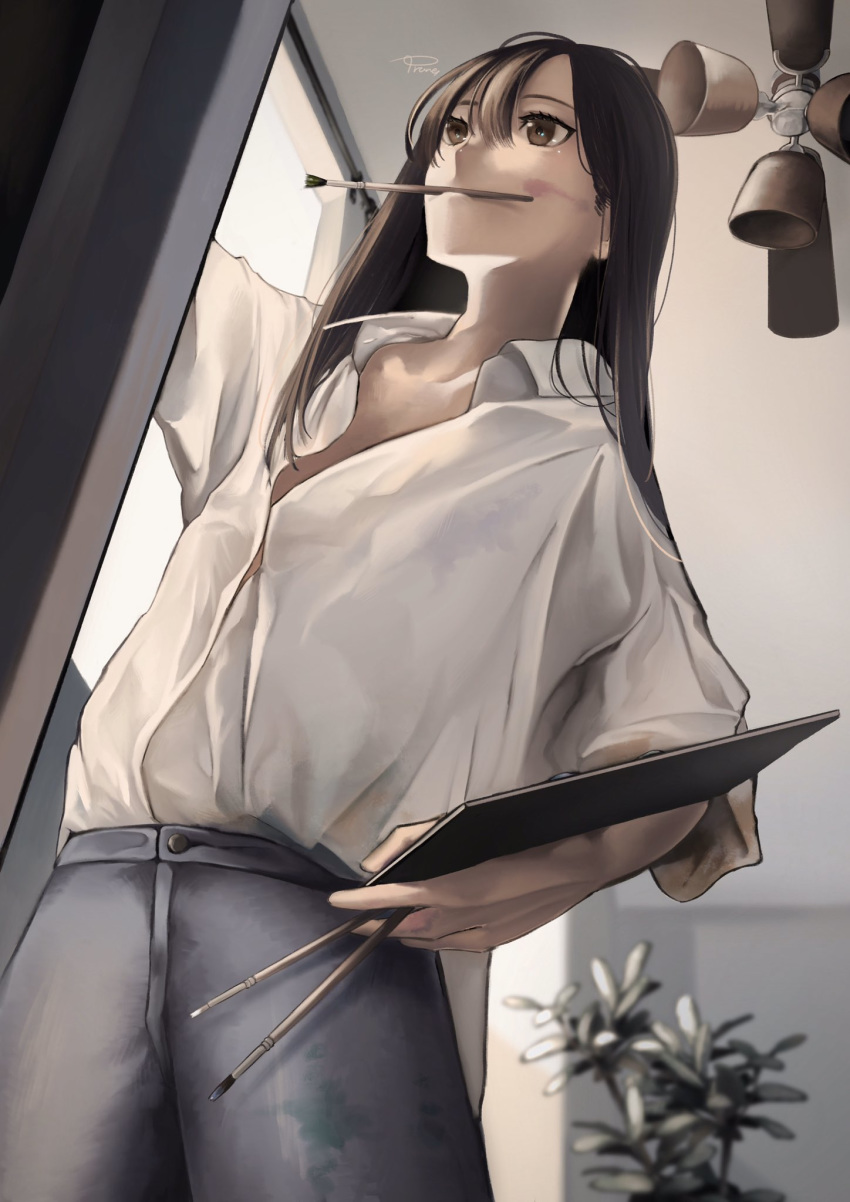 1girl brown_eyes brown_hair canvas_(object) ceiling_fan fan hair_between_eyes highres holding holding_paintbrush indoors iorune long_hair original paint paint_on_face paintbrush painting plant signature solo standing window