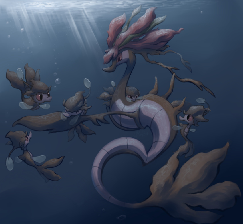 ^_^ closed_eyes commentary creature dark day dragalge english_commentary family full_body gen_6_pokemon karrybird looking_at_another no_humans pokemon pokemon_(creature) skrelp sunlight swimming underwater water