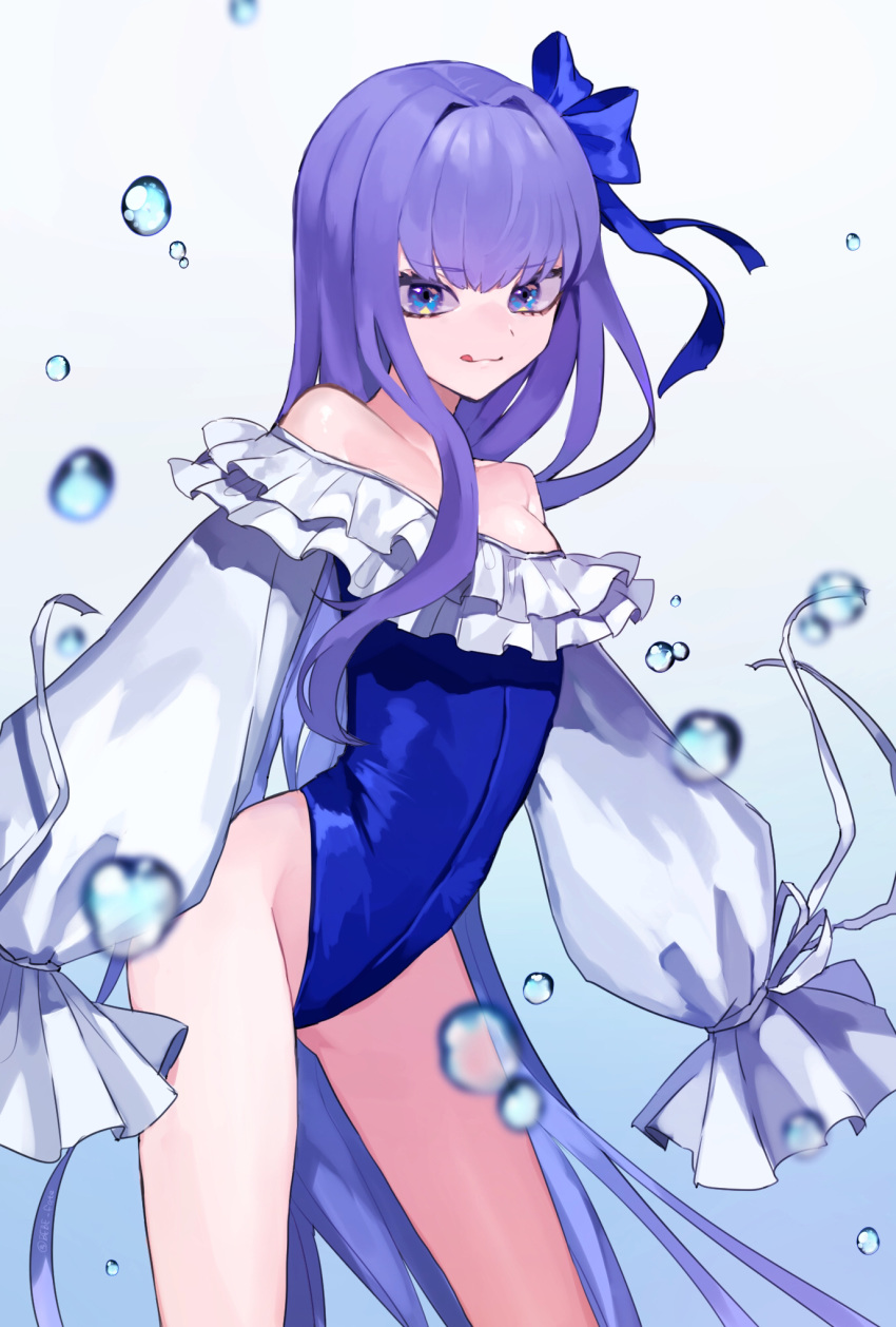 1girl bangs bare_shoulders bebe_pp blue_background blue_eyes blue_ribbon blue_swimsuit blush breasts closed_mouth collarbone fate/grand_order fate_(series) frills gradient gradient_background hair_ribbon highleg highleg_swimsuit highres licking_lips long_hair long_sleeves looking_at_viewer meltryllis meltryllis_(swimsuit_lancer)_(fate) off-shoulder_swimsuit one-piece_swimsuit puffy_sleeves purple_hair ribbon sleeves_past_fingers sleeves_past_wrists small_breasts smile solo swimsuit thighs tongue tongue_out water_drop white_ribbon