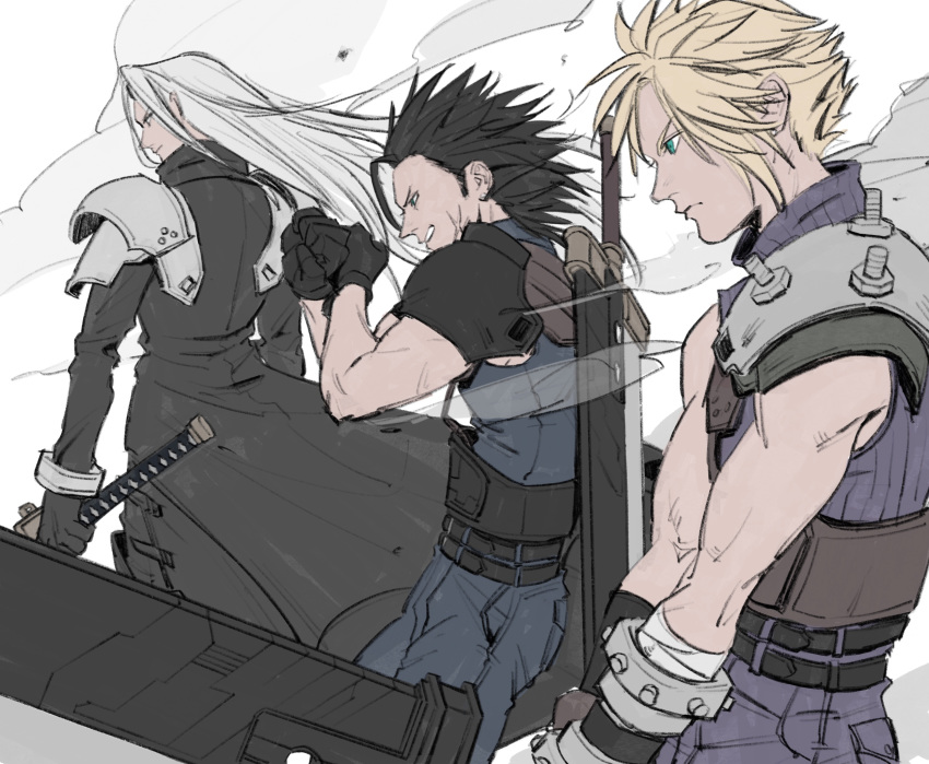 3boys act_(a_moso) armor bandaged_arm bandages belt black_gloves black_hair blonde_hair closed_mouth cloud_strife final_fantasy final_fantasy_vii gloves green_eyes highres holding holding_sword holding_weapon huge_weapon katana long_hair medium_hair multiple_boys parted_lips pauldrons sephiroth smoke standing sword weapon weapon_on_back white_hair zack_fair