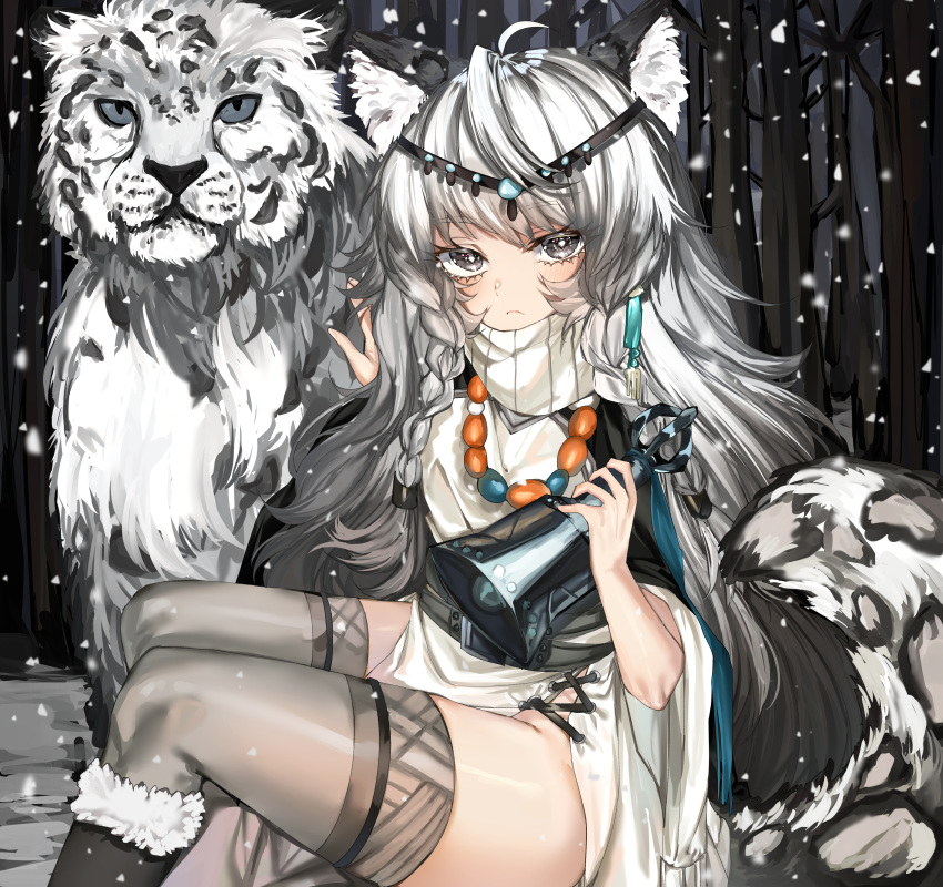1girl absurdres ahoge animal_ear_fluff animal_ears animal_print arknights bangs bead_necklace beads bell black_footwear boots braid commentary dress eyebrows_visible_through_hair feet_out_of_frame fur-trimmed_boots fur_trim grey_eyes grey_legwear hands_up head_chain highres holding holding_bell holding_own_tail huge_filesize jewelry kanniepan leopard leopard_ears leopard_girl leopard_print leopard_tail long_sleeves necklace pelvic_curtain pramanix_(arknights) side_braids silver_hair sitting snowing tail thigh-highs thighs turtleneck turtleneck_dress twin_braids white_dress wide_sleeves