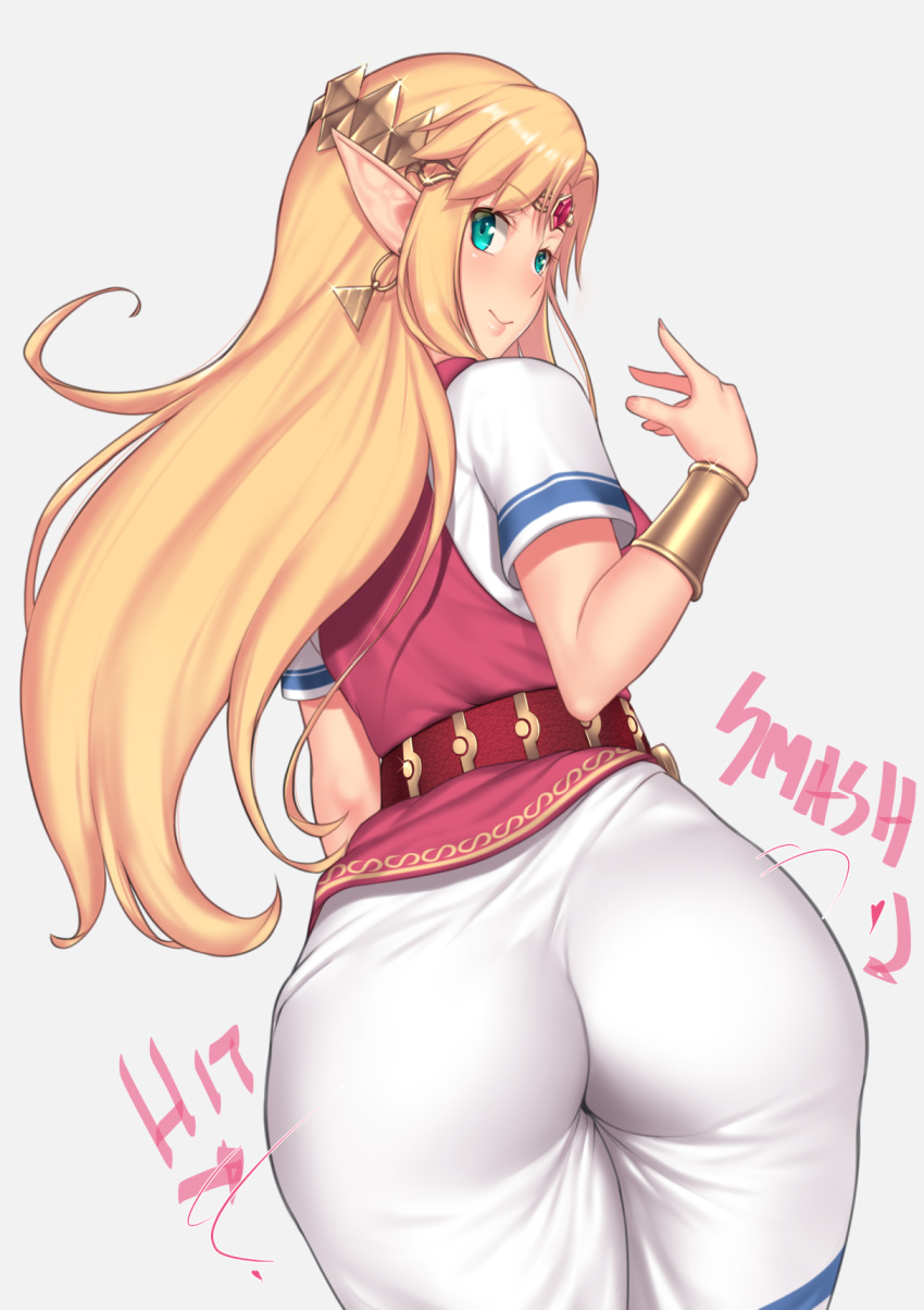 1girl ass aster_crowley belt blonde_hair dress earrings english_text from_behind green_eyes highres jewelry long_hair looking_at_viewer looking_back pink_background pointy_ears princess_zelda simple_background solo super_smash_bros. the_legend_of_zelda thighs tight_dress white_dress wide_hips