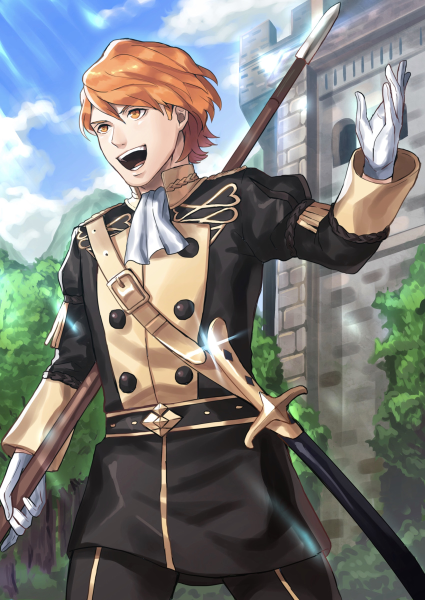 1boy absurdres belt ferdinand_von_aegir fire_emblem fire_emblem:_three_houses garreg_mach_monastery_uniform gloves highres leaf male_focus open_mouth orange_eyes orange_hair polearm shiyo_(jkke5275) sky solo spear sword teeth tree uniform weapon