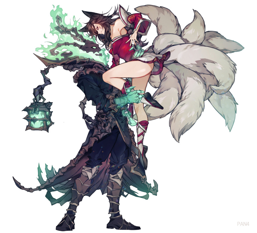 1boy 1girl ahri animal_ears bare_shoulders black_hair closed_mouth coat collarbone extra_tails eyebrows_visible_through_hair facial_mark fingernails fire fox_ears fox_tail green_fire highres holding_another key kitsune lantern league_of_legends lock long_hair looking_at_another open_mouth padlock panza red_nails signature simple_background skull smile standing tail thresh white_background