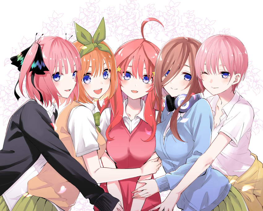 5girls :d absurdres ahoge bangs black_cardigan black_ribbon blue_cardigan blue_eyes blush bow breasts brown_hair cardigan closed_mouth clothes_around_waist collared_shirt commentary_request dress_shirt eyebrows_behind_hair floral_background go-toubun_no_hanayome green_bow green_ribbon green_skirt hair_between_eyes hair_ornament hair_over_one_eye hair_ribbon headphones headphones_around_neck highres hug long_hair long_sleeves medium_breasts multiple_girls nakano_ichika nakano_itsuki nakano_miku nakano_nino nakano_yotsuba natsupa open_cardigan open_clothes open_mouth orange_hair pink_hair pleated_skirt redhead ribbon shirt short_hair short_sleeves siblings sisters skirt smile star star_hair_ornament sweater_vest two_side_up white_background white_shirt