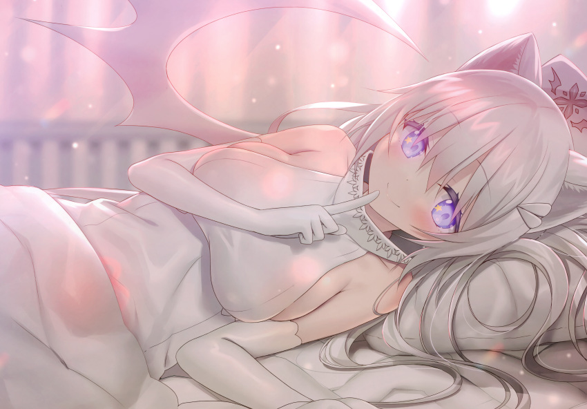 1girl absurdres animal_ears bare_shoulders bed_sheet blanket blonde_hair blurry blurry_background blush breasts cat_ears closed_mouth depth_of_field elbow_gloves finger_to_mouth gloves highres huge_filesize index_finger_raised large_breasts lens_flare long_hair looking_at_viewer lying on_bed on_side original pillow shushing sideboob sleeveless smile solo star star_in_eye symbol_in_eye under_covers violet_eyes white_gloves white_wings wings yano_mitsuki