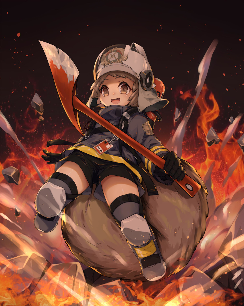 1girl :d absurdres arknights axe black_gloves black_jacket black_shorts boots brown_eyes brown_hair embers fire firefighter gloves helmet highres holding holding_axe jacket jiusan_naitan knee_pads left-handed long_sleeves open_mouth rock shaw_(arknights) short_hair short_shorts shorts smile solo thigh-highs