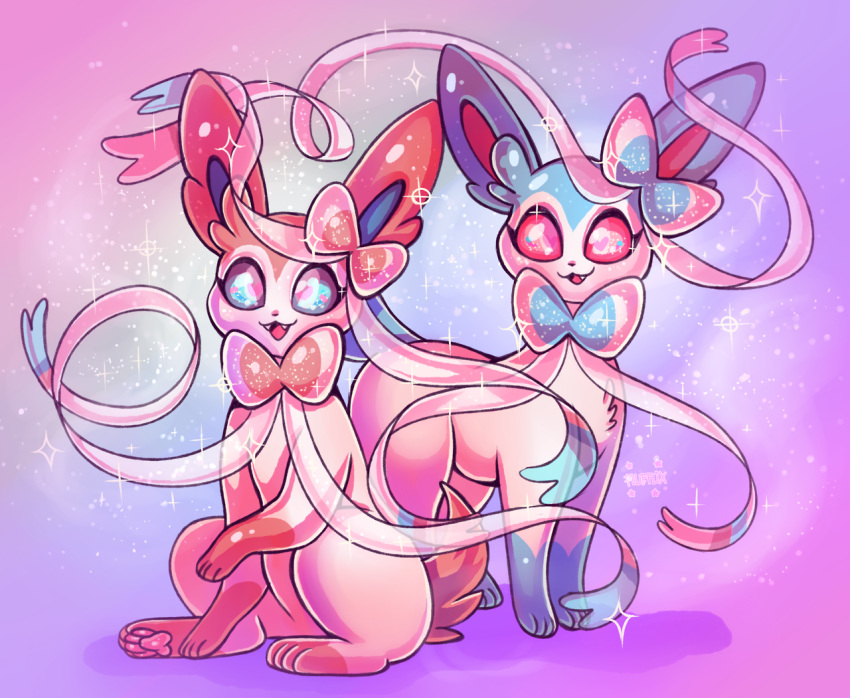 :d alternate_color commentary creature english_commentary eyelashes fang fangs flufflixx full_body gen_6_pokemon happy no_humans open_mouth pink_eyes pokemon pokemon_(creature) ribbon shadow shiny_pokemon signature sitting smile sparkle standing sylveon violet_eyes