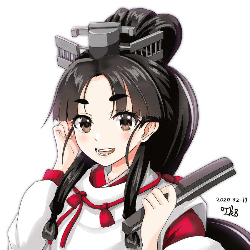 1girl :d bangs black_hair brown_eyes commentary_request dated eyebrows_visible_through_hair fan folding_fan hair_ornament hair_tie hand_in_hair headgear high_ponytail highres holding holding_fan japanese_clothes kantai_collection kariginu kimono long_hair long_sleeves looking_at_viewer miko multi-tied_hair nisshin_(kantai_collection) open_mouth parted_bangs red_kimono red_ribbon ribbon short_eyebrows sidelocks signature simple_background smile solo teeth thick_eyebrows tk8d32 upper_body very_long_hair white_background white_kimono