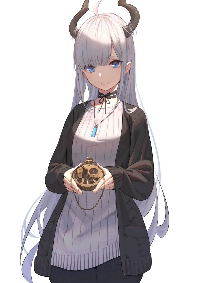 1girl ahoge black_jacket blue_eyes choker cowboy_shot grey_sweater highres holding horns jacket jewelry long_hair looking_at_viewer necklace nekojira open_clothes open_jacket original pants ribbed_sweater silver_hair simple_background smile solo sweater very_long_hair white_background