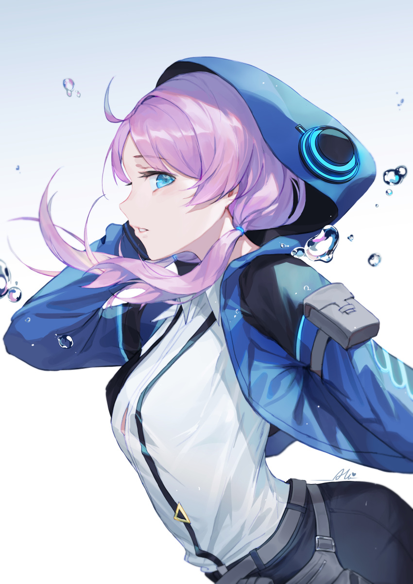 1girl absurdres alov arknights belt blue_eyes blue_hoodie blue_jacket blue_poison_(arknights) blush eyebrows_visible_through_hair highres hood hood_up jacket looking_at_viewer low_twintails pink_hair pouch simple_background solo twintails water_drop white_background