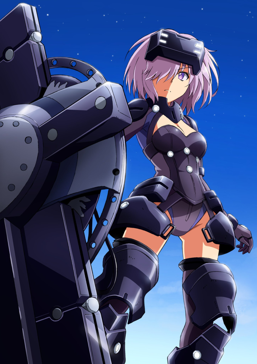 1girl armor blue_sky breasts cleavage_cutout fate/grand_order fate_(series) gloves goggles goggles_on_head hair_over_one_eye headgear highres holding_shield kumichou_(ef65-1118-ef81-95) lavender_hair long_sleeves looking_at_viewer mash_kyrielight medium_breasts ortenaus purple_gloves shield short_hair sky solo thigh-highs violet_eyes