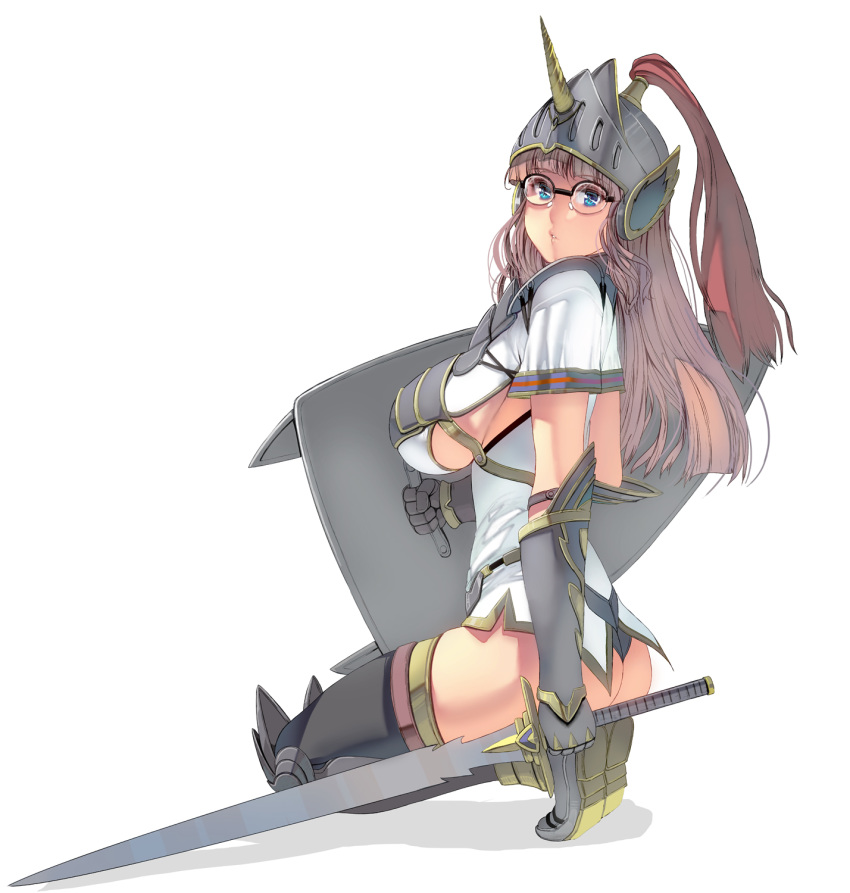 1girl armor blue_eyes boots breasts curvy gauntlets glasses helm helmet highres horn kneeling knight long_hair masao original plump revision shield simple_background solo sword thigh-highs under_boob weapon
