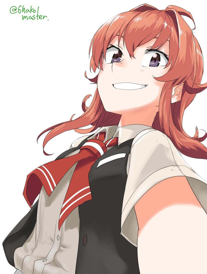 1girl absurdres ahoge arashi_(kantai_collection) black_eyes black_vest commentary_request dress_shirt grin highres kantai_collection medium_hair messy_hair neckerchief red_neckwear redhead roppako shirt simple_background smile solo twitter_username upper_body vest white_background white_shirt