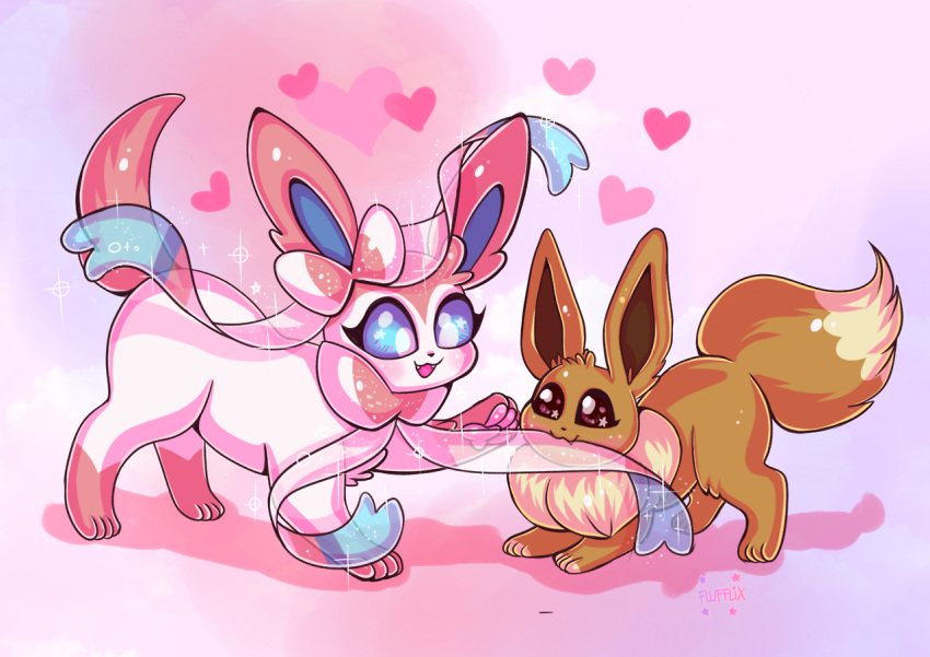 :d biting blue_eyes brown_eyes commentary creature eevee english_commentary eye_contact eyelashes fangs flufflixx full_body gen_1_pokemon gen_6_pokemon happy heart looking_at_another mouth_hold no_humans open_mouth pink_background pokemon pokemon_(creature) shadow signature simple_background smile solo standing star sylveon