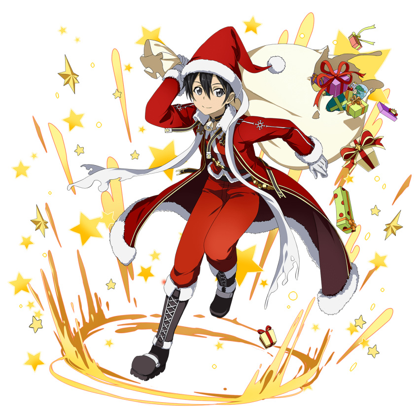 1boy bag bell black_eyes black_footwear black_hair boots closed_mouth coat fur-trimmed_coat fur-trimmed_headwear fur_trim gift_bag gloves hat highres holding holding_bag kirito knee_boots long_sleeves looking_at_viewer male_focus official_art pants red_coat red_headwear red_pants santa_costume santa_hat shiny shiny_hair smile solo sword_art_online transparent_background white_gloves