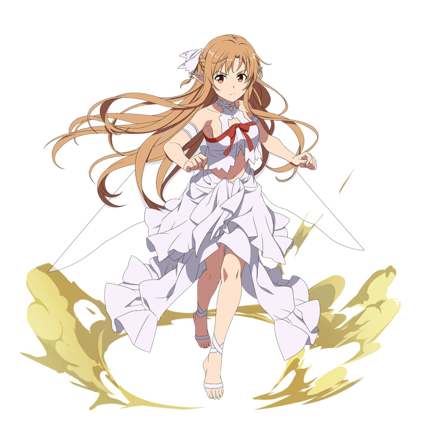 1girl ankle_ribbon arm_strap asuna_(sao) barefoot braid breasts brown_eyes brown_hair choker closed_mouth collarbone floating_hair full_body grey_wings hair_ribbon highres layered_skirt long_hair long_skirt looking_at_viewer medium_breasts midriff navel official_art pointy_ears red_ribbon ribbon shiny shiny_hair skirt sleeveless solo stomach sword_art_online titania_(sao) transparent_background very_long_hair walking white_ribbon white_skirt wings