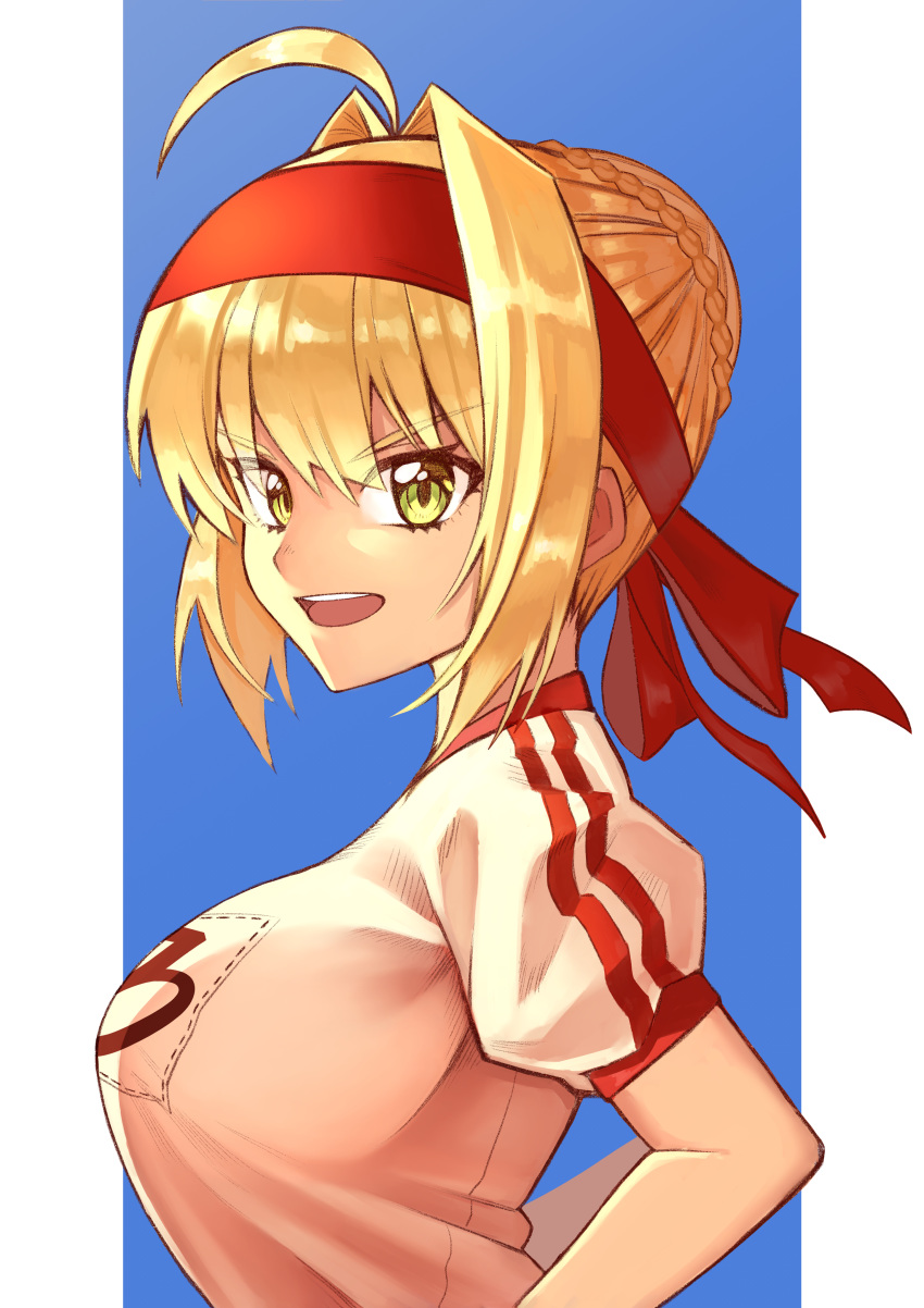 1girl absurdres ahoge bangs blonde_hair blue_background braid breasts commentary_request eyebrows_visible_through_hair fate/extra fate/grand_order fate_(series) from_side green_eyes gym_uniform hair_intakes hair_ribbon highres imuzi large_breasts looking_at_viewer nero_claudius_(fate) nero_claudius_(fate)_(all) open_mouth red_ribbon ribbon shirt short_hair short_sleeves simple_background smile solo two-tone_background white_background white_shirt