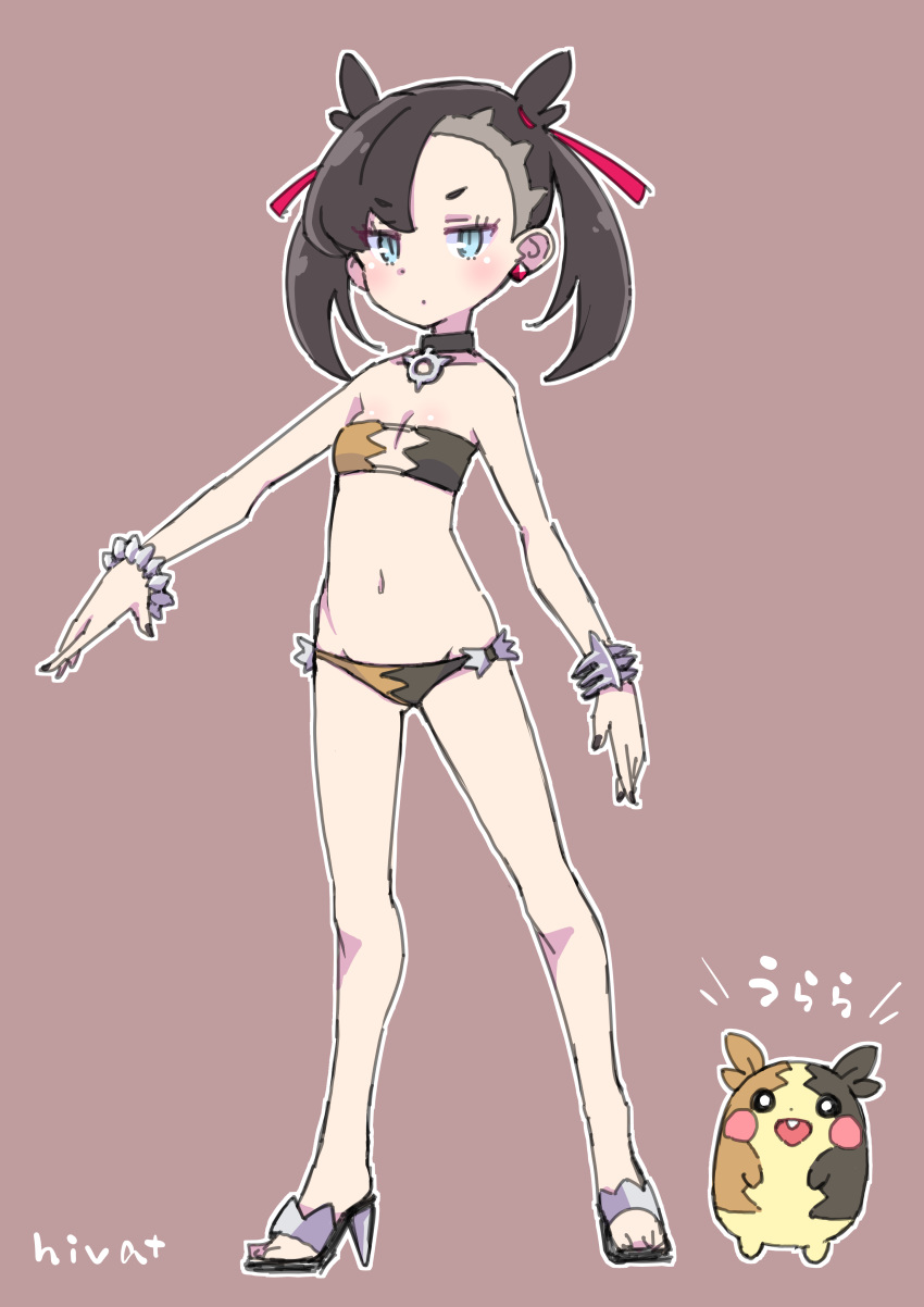 1girl absurdres artist_name asymmetrical_bangs bangs bare_shoulders black_choker black_eyes black_hair black_nails blue_eyes blush bracelet brown_background choker collarbone commentary earrings eyebrows_visible_through_hair fingernails full_body gen_8_pokemon hair_ribbon high_heels highres hiva+ jewelry jitome long_fingernails long_hair mary_(pokemon) midriff morpeko multicolored multicolored_clothes navel open_mouth outline pink_ribbon pokemon pokemon_(creature) pokemon_(game) pokemon_swsh ribbon sandals short_eyebrows signature simple_background single_earring slit_pupils standing teeth twintails upper_teeth white_outline