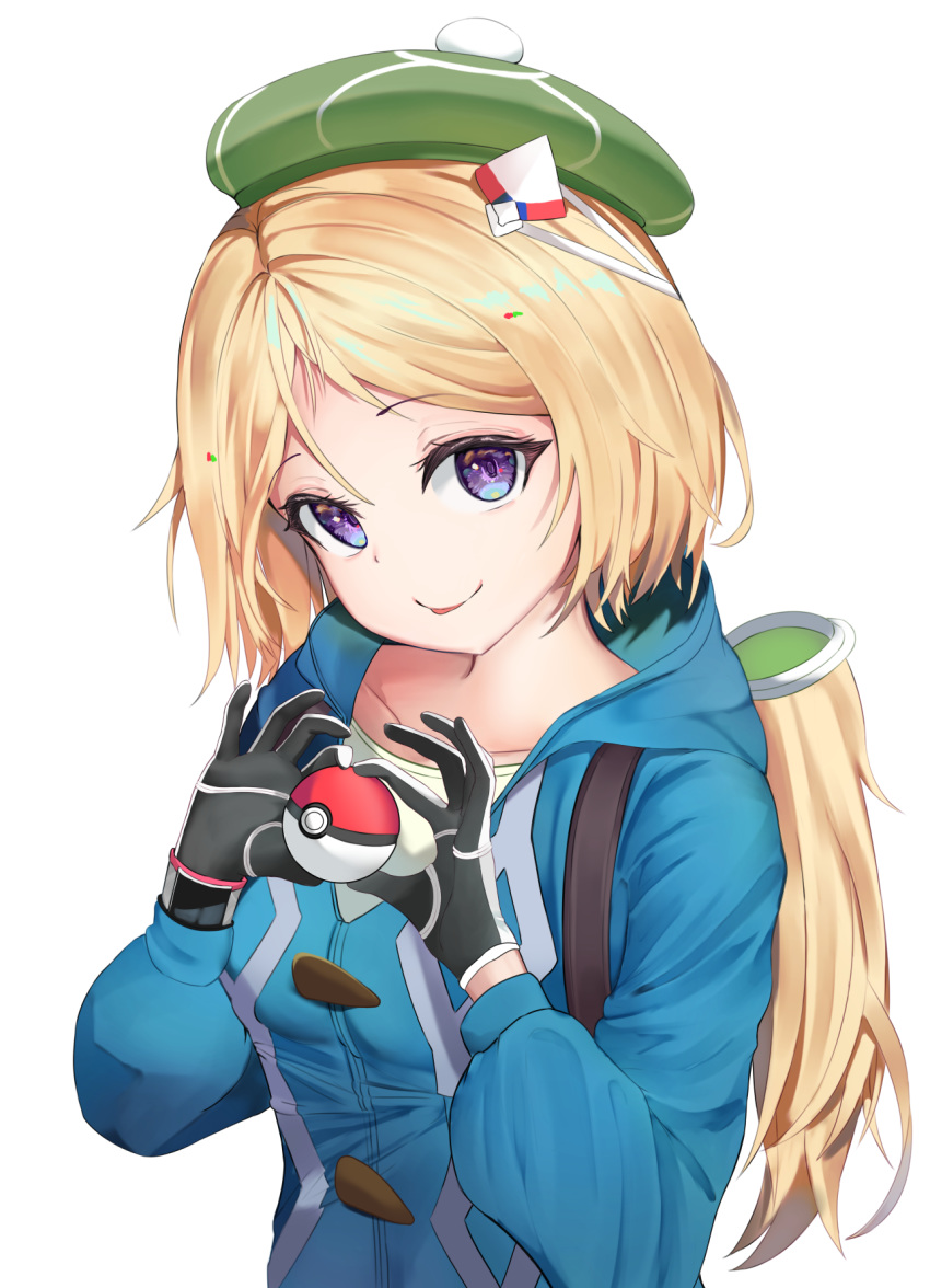 1girl aki_rosenthal bangs black_gloves blonde_hair collarbone cosplay detached_hair eyebrows_visible_through_hair fuenyuan gloves green_headwear hat highres holding holding_poke_ball hololive long_hair looking_at_viewer parted_bangs poke_ball poke_ball_(generic) pokemon pokemon_(game) pokemon_swsh tongue tongue_out violet_eyes virtual_youtuber white_background yuuri_(pokemon) yuuri_(pokemon)_(cosplay)