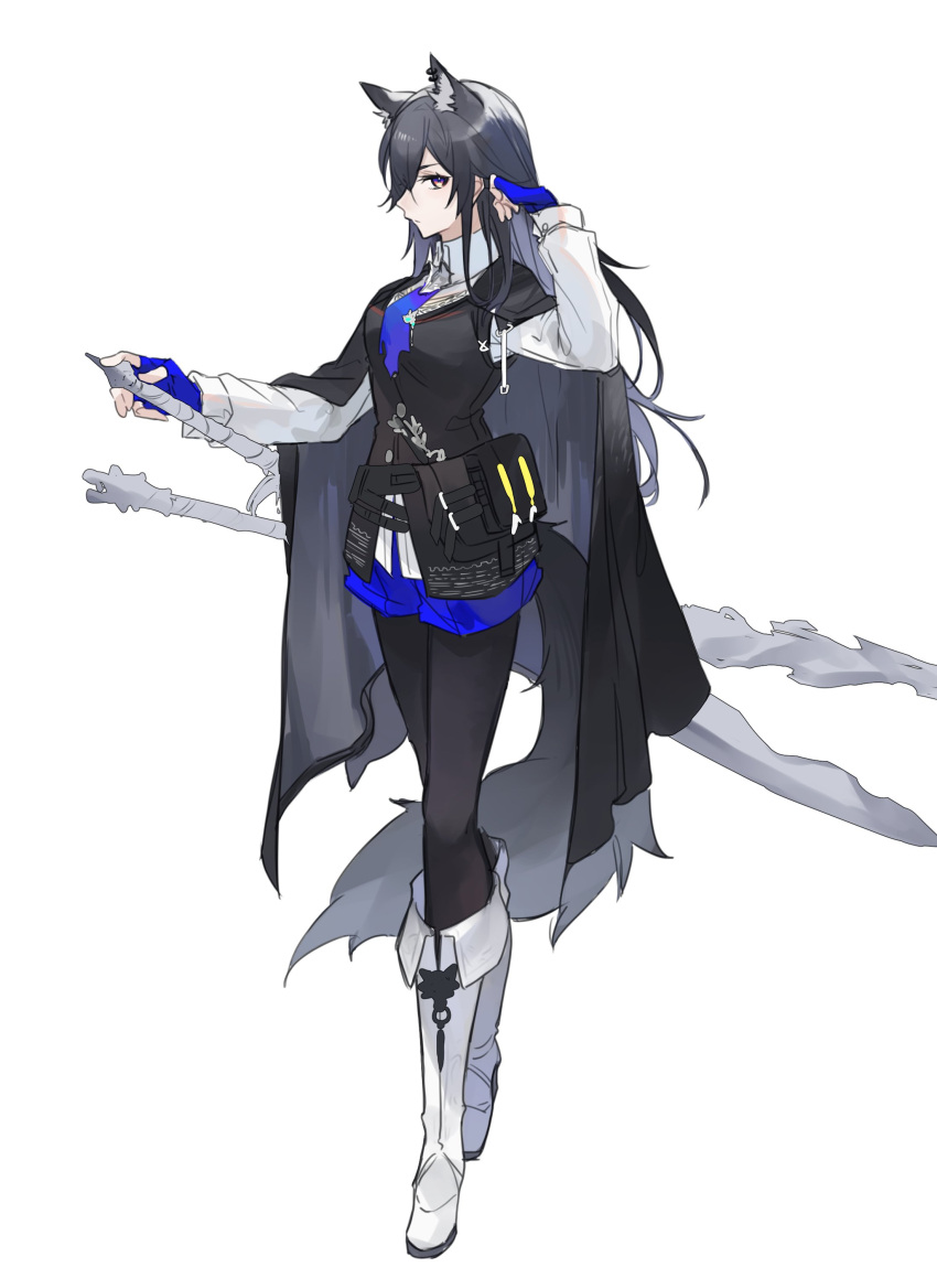 1girl absurdres adjusting_hair animal_ear_fluff animal_ears arknights black_coat black_hair blue_gloves blue_necktie blue_shorts boots breasts coat coat_on_shoulders collared_shirt commentary contrapposto fingerless_gloves frown gloves hand_on_own_hip highres knee_boots long_hair looking_at_viewer medium_breasts multiple_swords necktie pantyhose pantyhose_under_shorts shirt shorts simple_background solo sword sword_on_back tail texas_(arknights) texas_the_omertosa_(arknights) weapon weapon_on_back white_background white_footwear white_shirt wolf_ears wolf_tail yakota_(usuk-yako) yellow_eyes