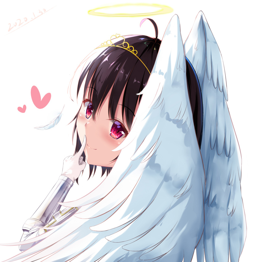 1girl absurdres ahoge angel_wings black_hair blush dated dongyue_sakura halo highres itai_no_wa_iya_nano_de_bougyoryoku_ni_kyokufuri_shitai_to_omoimasu looking_at_viewer looking_back maple_(bofuri) maple_(itai_no_wa_iya_nano_de_bougyoryoku_ni_kyokufuri_shitai_to_omoimasu) pink_eyes red_eyes solo spoilers wings