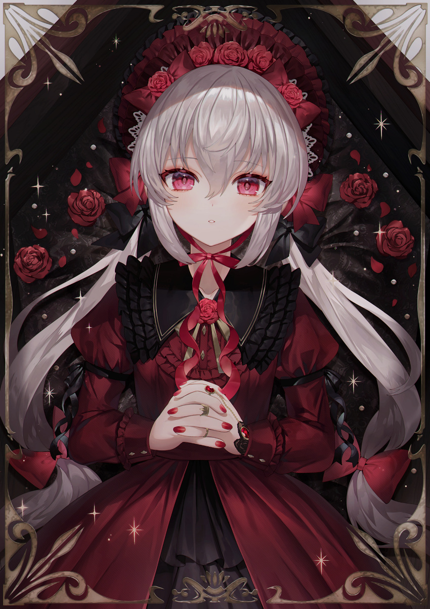 1girl abandon_ranka black_bow bow commentary_request dress flower grey_hair hair_bow hair_flower hair_ornament hands_together highres interlocked_fingers jewelry long_hair long_sleeves low_twintails lying nail_polish on_back original own_hands_together parted_lips petals red_bow red_dress red_eyes red_flower red_nails red_rose ring rose rose_petals ruby_(gemstone) solo twintails very_long_hair