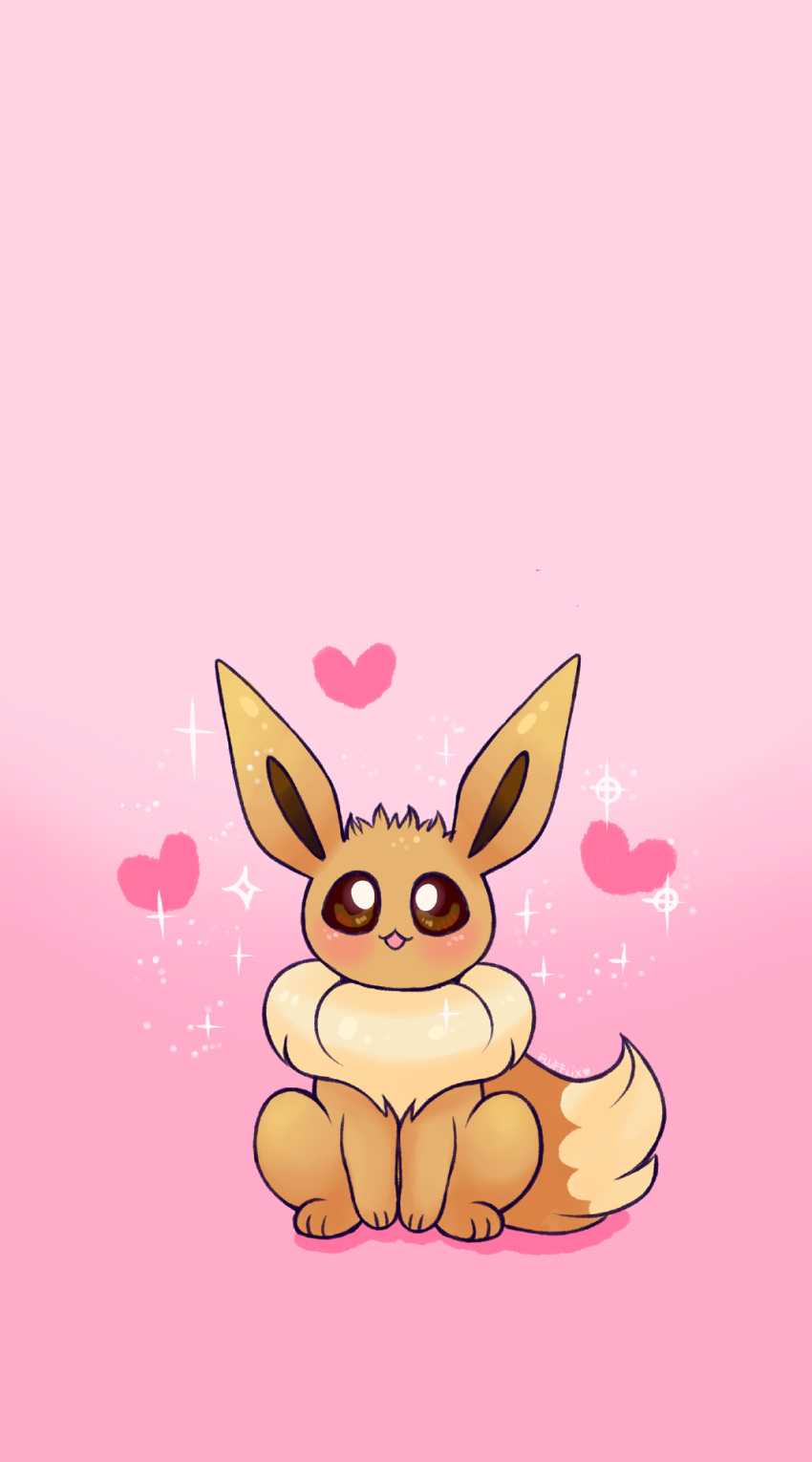 blush brown_eyes commentary creature eevee english_commentary flufflixx full_body gen_1_pokemon heart heart_background highres looking_at_viewer no_humans phone_wallpaper pink_background pokemon pokemon_(creature) shadow simple_background solo