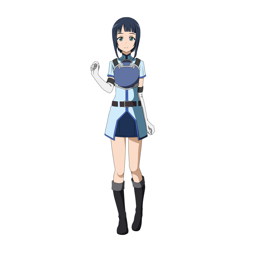 1girl bangs black_footwear blue_eyes blue_hair blue_skirt blunt_bangs boots breastplate closed_mouth elbow_gloves frown full_body gloves highres knee_boots looking_at_viewer miniskirt mole mole_under_eye official_art pencil_skirt sachi_(sao) shiny shiny_hair short_hair short_sleeves skirt solo standing sword_art_online transparent_background white_gloves
