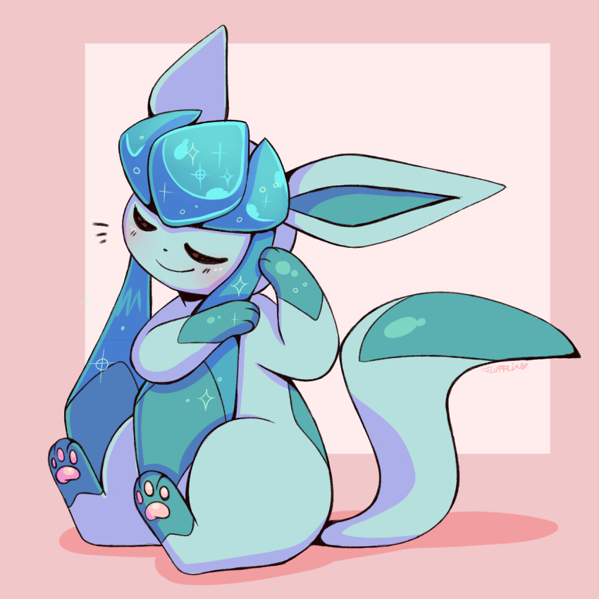 blush commentary creature english_commentary flufflixx full_body gen_4_pokemon glaceon highres no_humans pokemon pokemon_(creature) shadow sitting smile solo sparkle