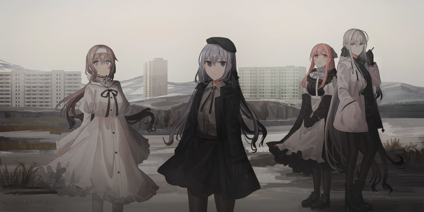 4girls :d apron bangs beret between_fingers black_dress black_footwear black_gloves black_hair black_headwear black_jacket black_legwear black_neckwear black_ribbon black_shirt black_shorts black_skirt blue_eyes blush boots breasts brown_eyes building chihuri cigarette closed_mouth clouds cloudy_sky collared_shirt commentary_request day dress dress_shirt ear_piercing eva_(chihuri) eyebrows_visible_through_hair frilled_apron frills gloves gradient_hair grey_eyes grey_hair grey_shirt hair_between_eyes hair_ribbon hairband hand_in_pocket hat high_heel_boots high_heels highres holding holding_cigarette jacket juliet_sleeves legwear_under_shorts long_hair long_sleeves looking_at_viewer medium_breasts multicolored_hair multiple_girls necktie off_shoulder open_clothes open_jacket open_mouth original outdoors overcast pantyhose piercing pink_hair puffy_sleeves renata_alekseevna_tsvetaeva ribbon river russian_commentary shirt shoes short_shorts shorts skirt sky sleeveless sleeveless_dress smile snow standing very_long_hair waist_apron water white_apron white_dress white_hairband white_jacket white_legwear white_shirt yana_(chihuri) zoya_petrovna_vecheslova