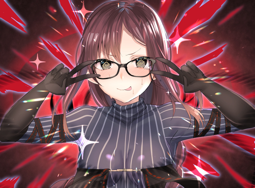 1girl @_@ absurdres bangs black-framed_eyewear black_dress black_gloves blush breasts brown_hair center_opening closed_mouth consort_yu_(fate) double_v dress earrings elbow_gloves emotional_engine_-_full_drive fate/grand_order fate_(series) fou_(ssqseeker) glasses gloves gradient gradient_background grey_dress grey_eyes hands_up highres jewelry layered_dress long_hair looking_at_viewer multiple_earrings parody red_background ribbed_dress smile solo sparkle tearing_up tongue tongue_out turtleneck_dress v very_long_hair