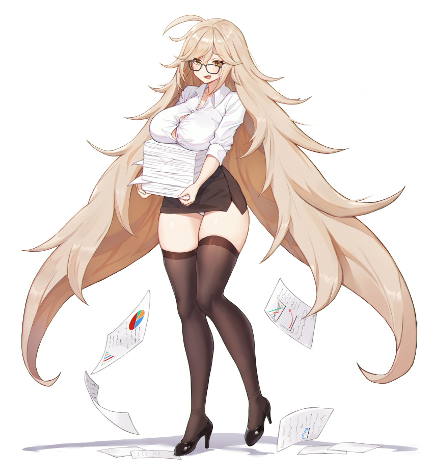 1girl absurdres ahoge black-framed_eyewear black_footwear black_legwear black_skirt blonde_hair blouse breast_rest breasts button_gap buttons carried_breast_rest drooling dropping glasses high_heels highres large_breasts long_hair looking_at_viewer no_bra office_lady open_mouth original panties pantyshot paper paper_stack pencil_skirt pn_(wnsl216) shirt skirt solo sweat thick_thighs thigh-highs thighs underwear very_long_hair white_blouse white_panties white_shirt yellow_eyes