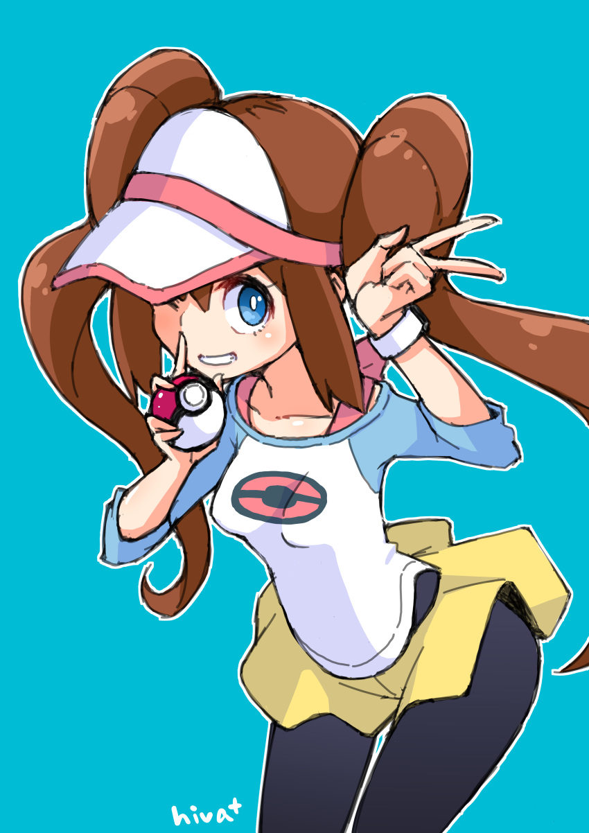 1girl absurdres blue_background blue_eyes blush brown_hair collarbone double_bun hair_bun hat highres hiva+ holding holding_poke_ball long_hair mei_(pokemon) one_eye_closed pantyhose parted_lips poke_ball poke_ball_(generic) pokemon pokemon_(game) pokemon_bw2 signature simple_background skirt sleeves_rolled_up smile solo sweatband twintails v yellow_skirt