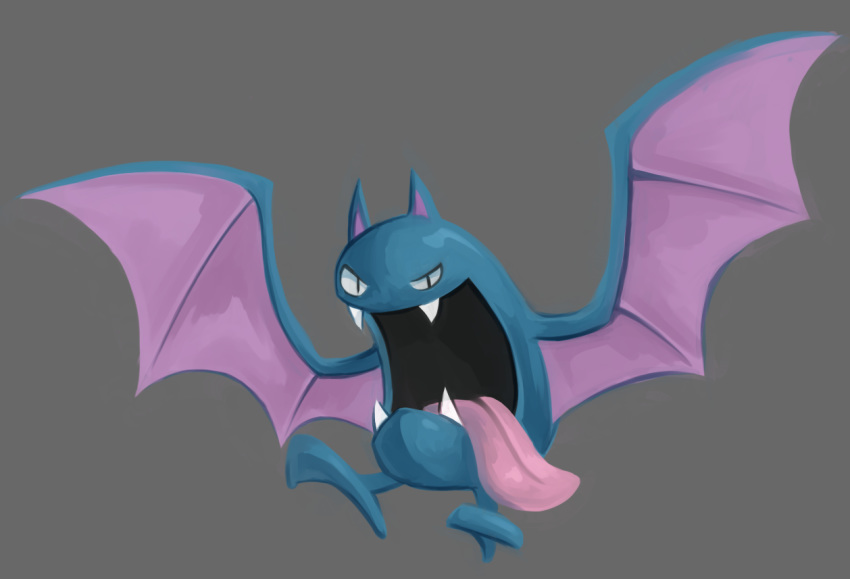 black_eyes commentary creature english_commentary fangs full_body gen_1_pokemon golbat grey_background karrybird looking_at_viewer no_humans open_mouth pokemon pokemon_(creature) simple_background solo tongue tongue_out