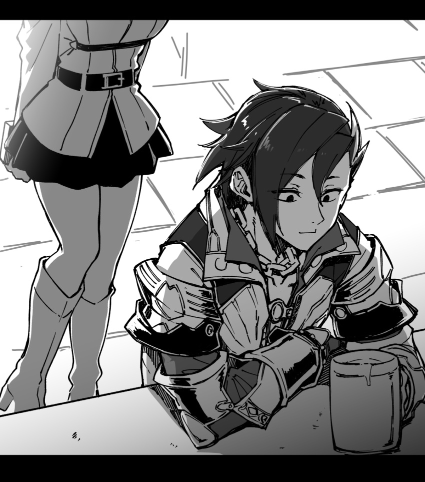 1boy 1girl alcohol arms_behind_back beer beer_mug belt boots chain_necklace chocolate fate/grand_order fate_(series) fujimaru_ritsuka_(female) greyscale high_heel_boots high_heels highres kekocha knee_boots letterboxed mandricardo_(fate/grand_order) monochrome no_legwear out_of_frame skirt valentine